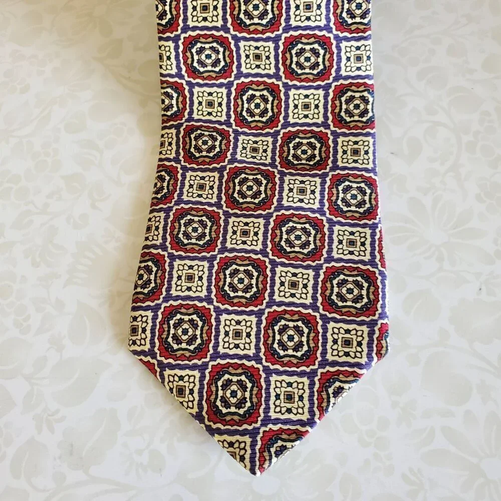 Vintage Liberty of London 100% Silk Tie Red Blue Beige Mens Necktie